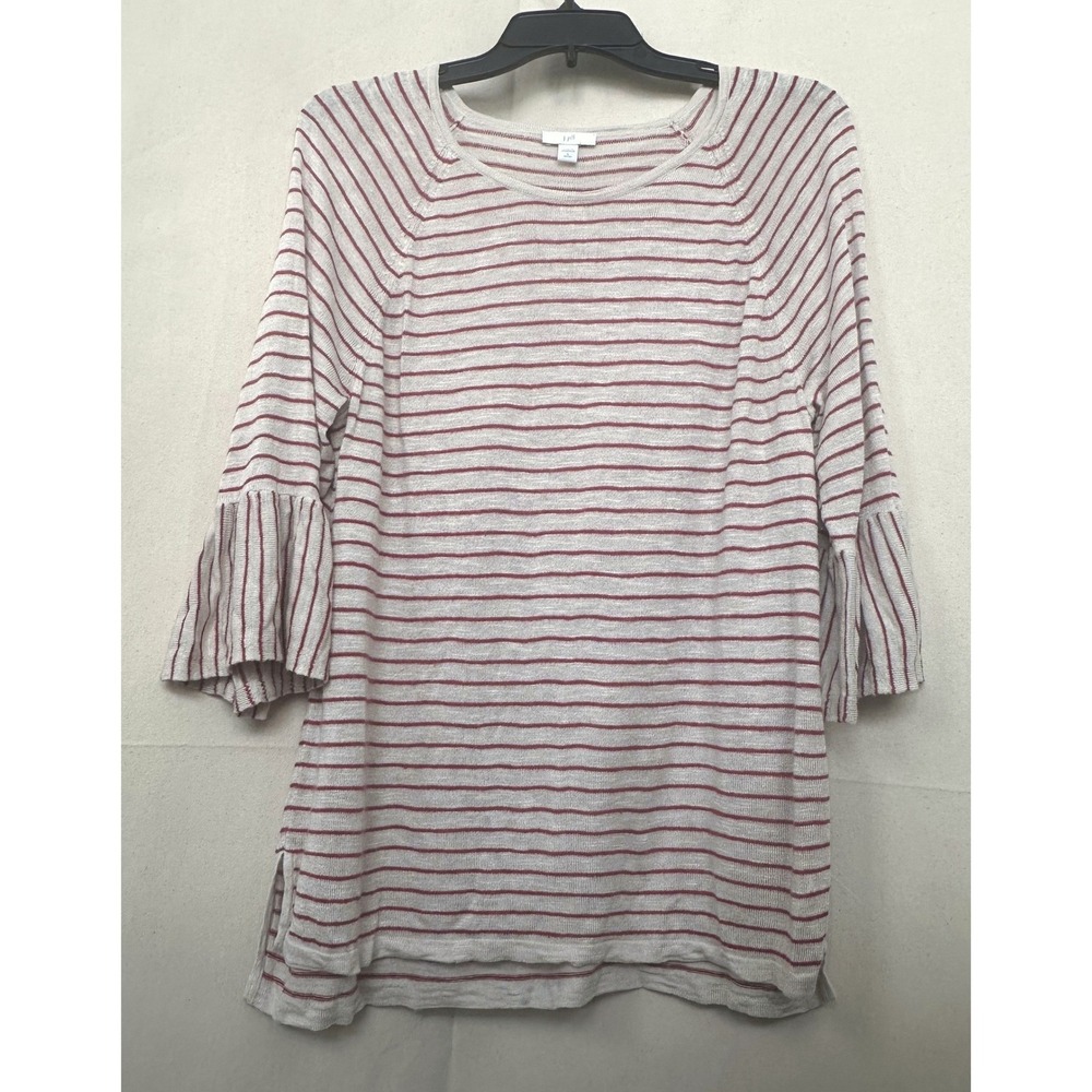 J. Jill Petite French Girl Beige Striped Linen Blend Knit Top Bell Sleeve Sz PL